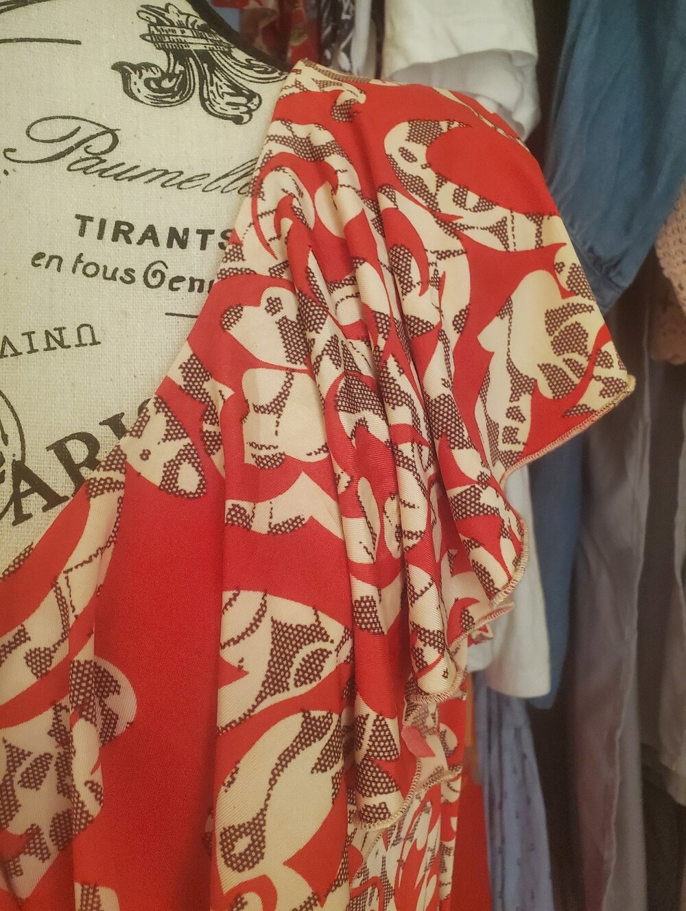 Vintage Ruffle Bodice Crepe Damask Print Off Shoulder Maxi - Picture 2 of 6